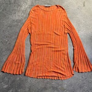 Zara Women's Orange Ribbed Knit Bell Sleeve Sweater Sz S 70's Retro Y2k Hippie